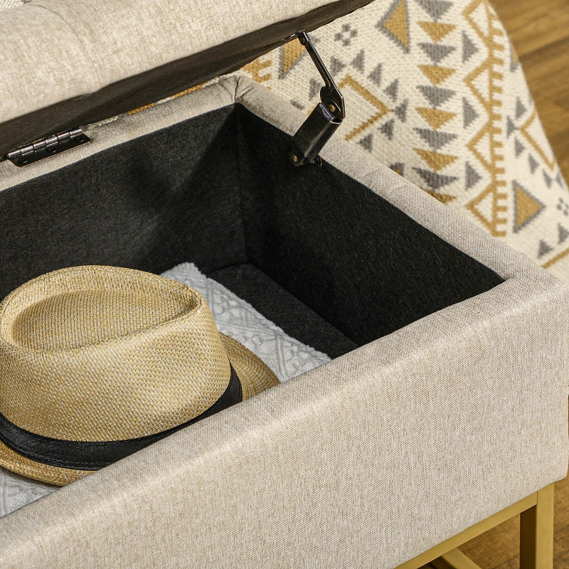 HOMCOM Banqueta con Almacenamiento Banco Rectangular Tapizado en Lino con Tapa Abatible y Patas de Acero 110x44x48 cm Beige