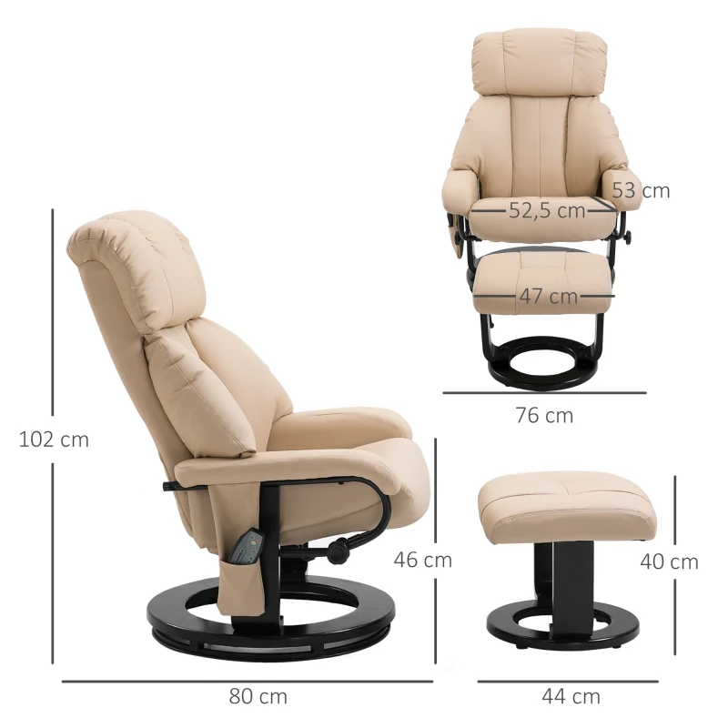 HOMCOM Relaxsessel mit Hocker, drehbarer Fernsehsessel mit Massagefunktion, Liegefunktion, Massagesessel mit Fernbedienung, Seitentasche, Ruhesessel aus Kunstleder für Wohnzimmer Cremeweiß