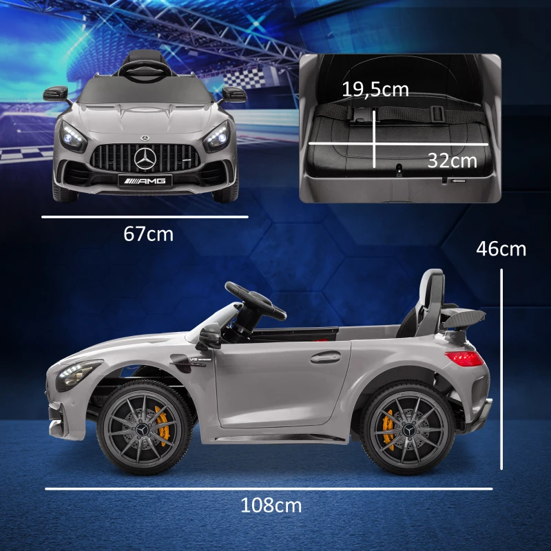 AIYAPLAY Coche Eléctrico para Niños de +3 Años Mercedes-Benz AMG GTR con Batería 12V Mando a Distancia Faros Bocina Música Plata