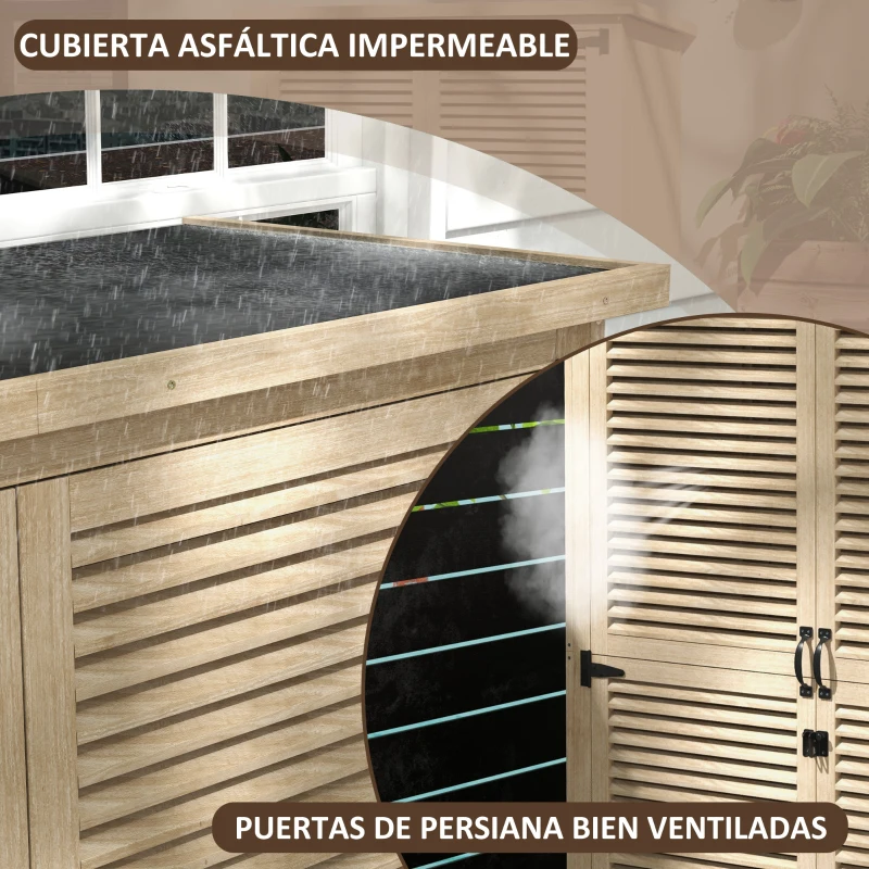 Outsunny Armario de Jardín 0,83 m² 127x65x168 cm con 2 Puertas de Persiana 2 Estantes 2 Asas y Techo Impermeable Natural