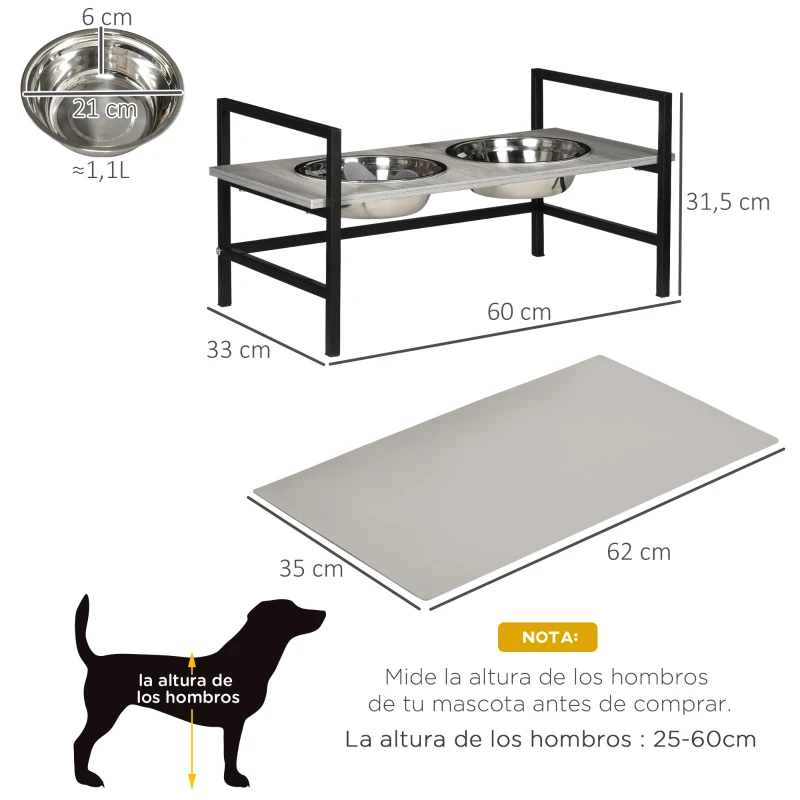 PawHut Comedero Elevado para Perros con Altura Ajustable 2 Cuencos Tapete y Alimentador Lento 60x33x10-31,5 cm Gris