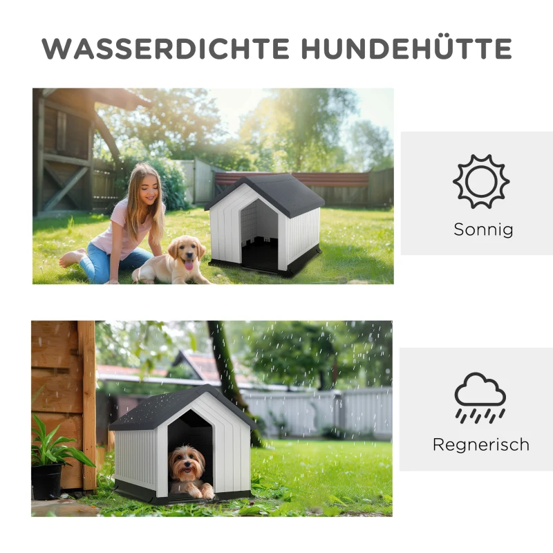 PawHut Hundehütte, wetterfest, Fenster & Tür, für kleine Hunde bis 10kg/40cm Länge, 62x61x60cm, Grau/Weiß