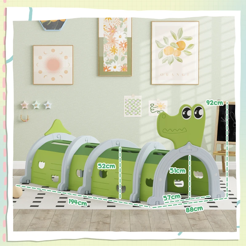 AIYAPLAY Krokodil Spieltunnel, flexible Form, robust, für Kinder 3-6 Jahre, 194 x 88 x 92 cm, Grün