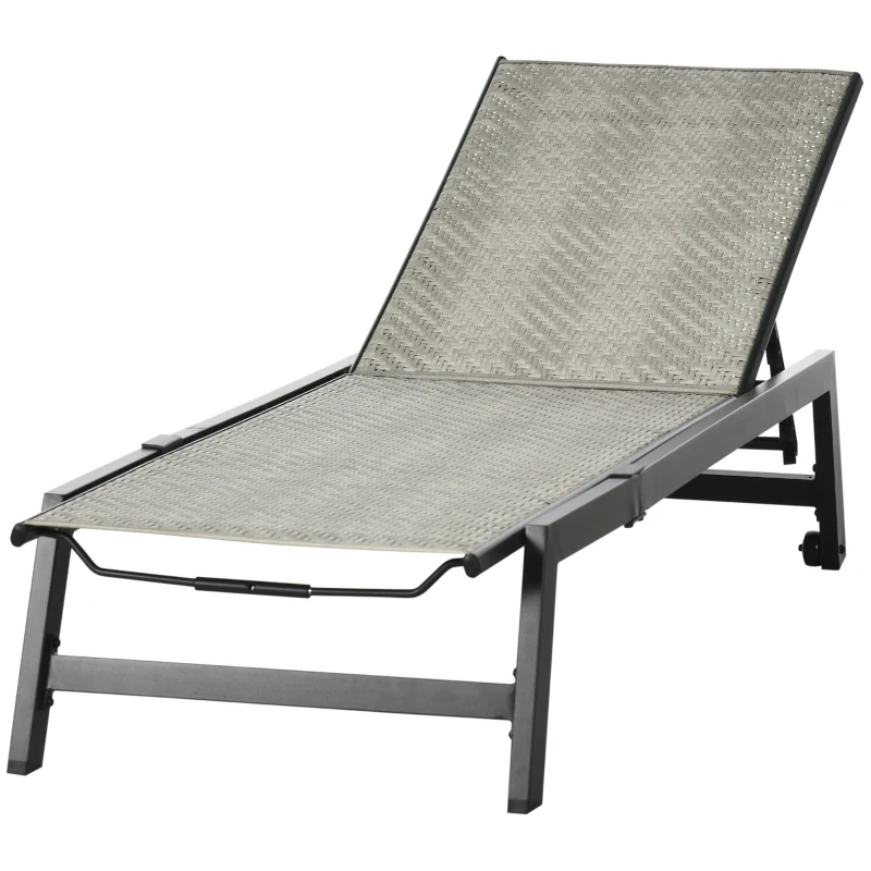 Outsunny Chaise longue bain de soleil en résine tressée imitation rotin avec roues dossier inclinable aluminium noir, gris