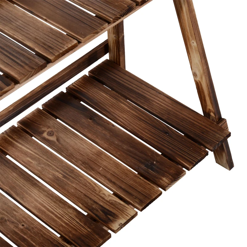 Outsunny 3-Etagen Pflanzenständer, klappbarer 93 cm hoch Blumenständer für Innen Außen, Pflanzenregal aus Holz, Blumentopfständer mit Tabletts, Blumentreppe für Wohnzimmer, Garten Balkon, Dunkelbraun