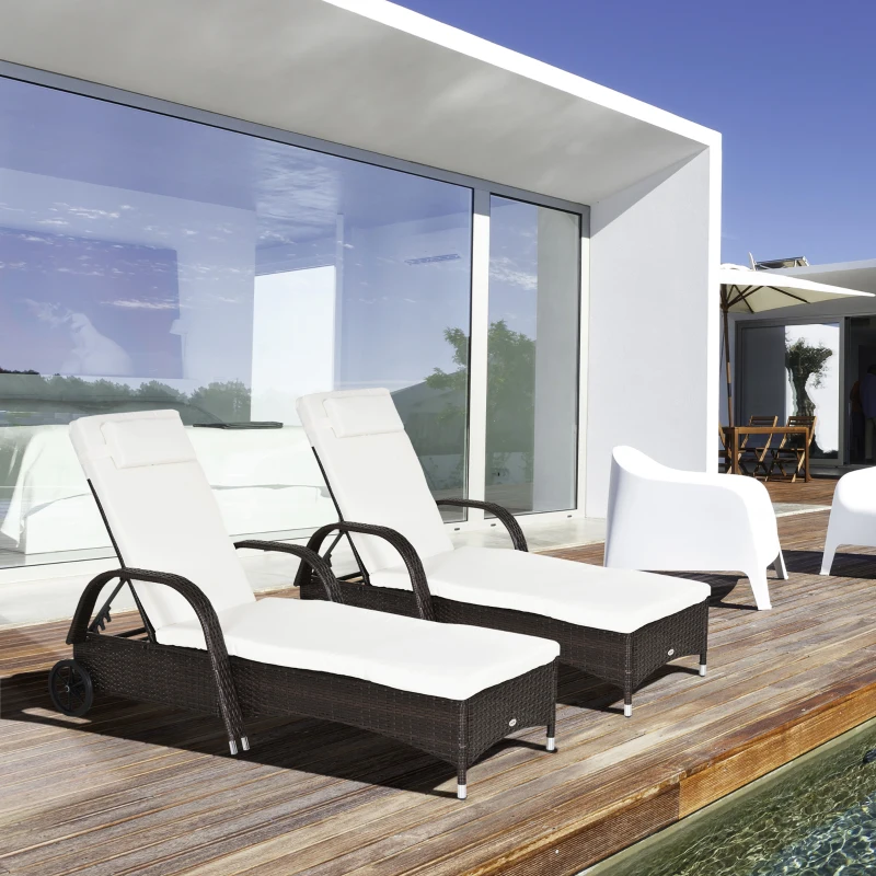 Outsunny 2PC Rattan Sun Lounger Recliner Bed Reclining Chair Patio Garden Outdoor Wicker Weave Adjustable Headrest with Fire Retardant Cushion – Brown