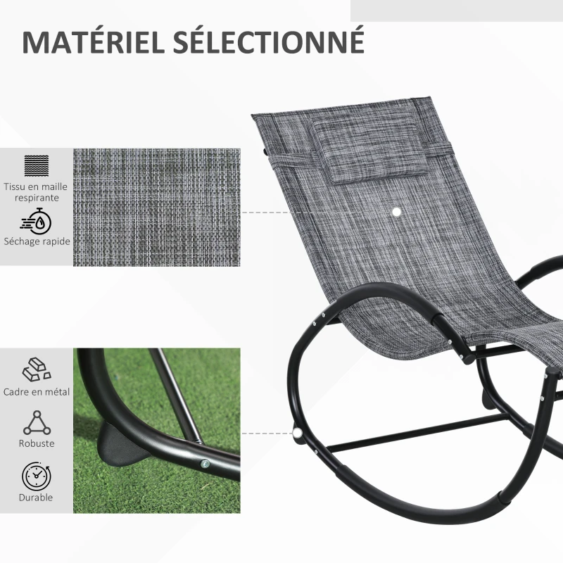 Outsunny Chaise longue à bascule avec tétière utilisation extérieure intérieure gris chiné