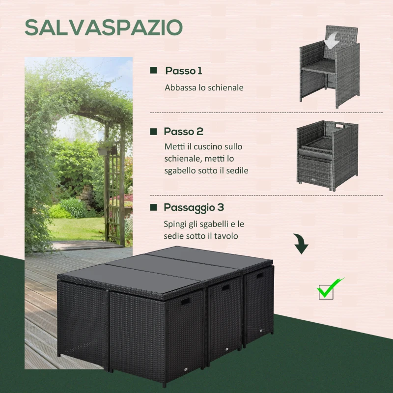 Outsunny Set 11 PZ Mobili da Giardino in Rattan da Esterno con Tavolo in Vetro Temperato e Cuscini, Set da Pranzo, Nero