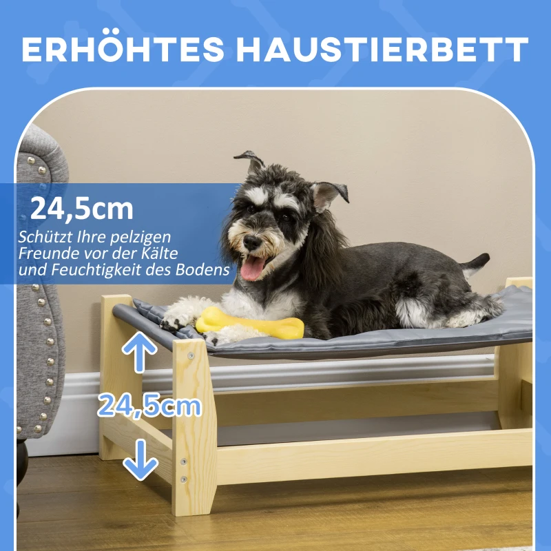 PawHut Erhöhtes Hundebett mit Holzbeine, 90cm x 50cm Abwaschbares Haustierbett Hundeliege mit Kissen, Haustierliege Hängebett Hundeschlafplatz für kleine bis mittelgroße Hunde, Natur+Hellgrau