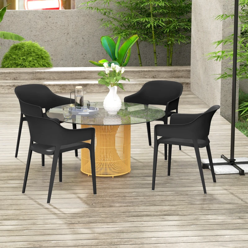 Outsunny Set 4 Sedie da Giardino in Plastica Impilabili con Braccioli e Schienale Alto in PP, Nero