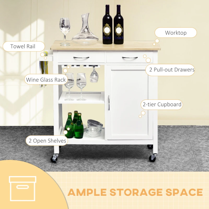HOMCOM Kitchen Storage Trolley Cart Cupboard Rolling Wheels Shelves Cabinet Island W/ Drawers Towel Rail Wine Glass Rack Pine Wood Worktop  White