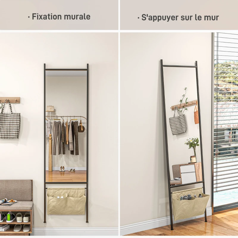 HOMCOM Miroir rectangulaire pleine longueur avec pochette de rangement, à poser ou à fixer au mur, 56L x 190H cm - noir