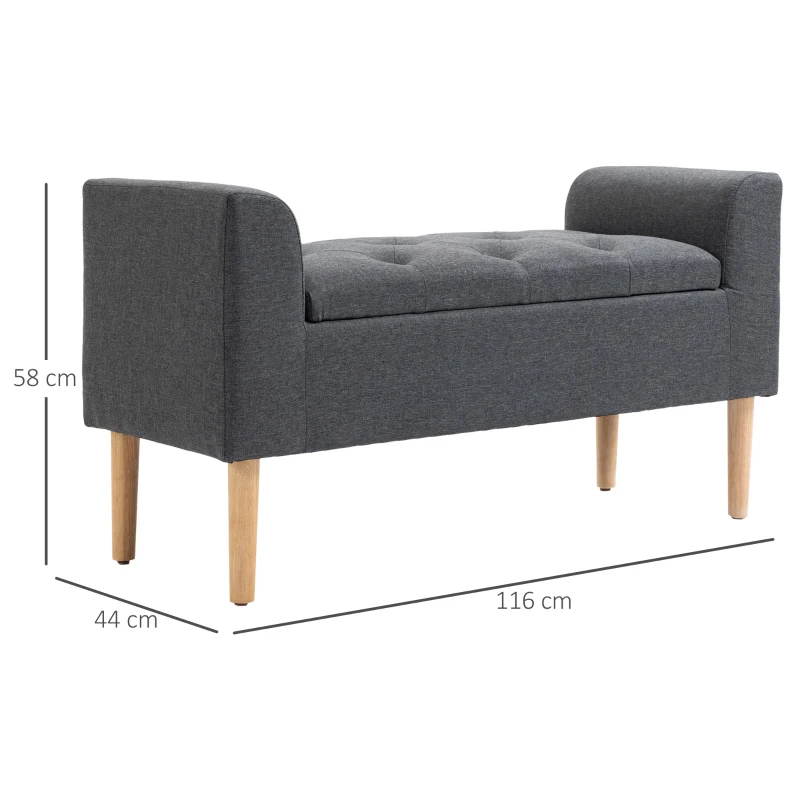 HOMCOM Banc coffre rangement capitonné banquette avec accoudoirs, banc de rangement pour la chambre à coucher, entrée, salon, charge 130 Kg dim. 116 x 44 x 58 cm gris foncé