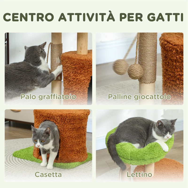 PawHut Albero Tiragraffi per Gatti con Casetta, Lettino e Pallina Giocattolo, in Legno e Peluche, 44x33x61 cm, Verde