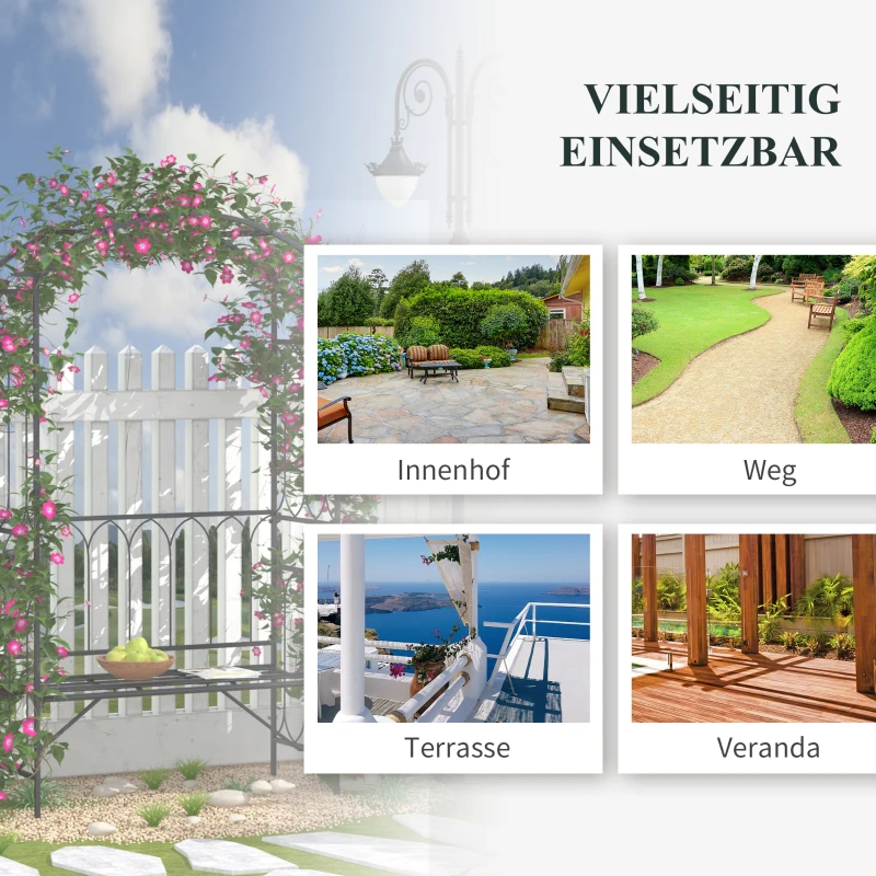 Outsunny Rosenbogen mit Bank Rosenbank Laubenbank Philosophenbank Rankgitter Rankhilfe Gartenbank Metall Schwarz 115 x 50 x 203 cm