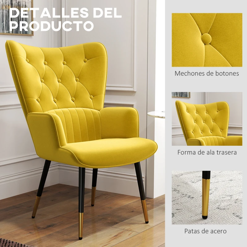 HOMCOM Butaca de Salón Sillón Individual Tapizado en Terciopelo con Respaldo Alto Estilo Moderno 68x72x103 cm Amarillo