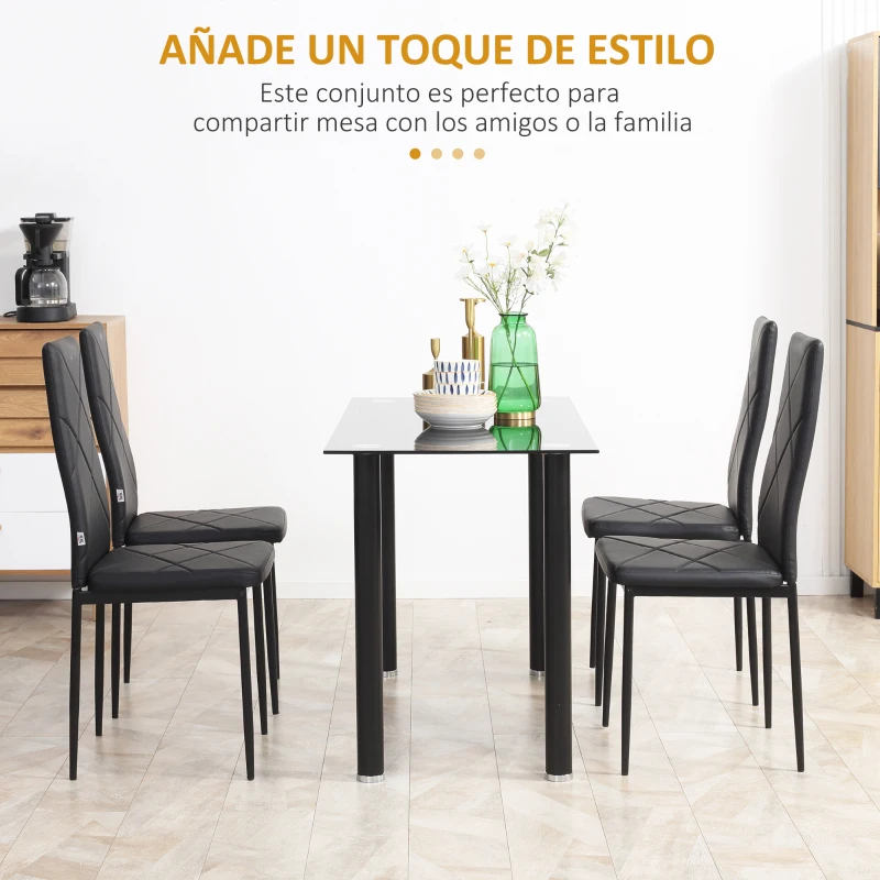 HOMCOM Set de 4 Sillas de Comedor Tapizadas de Piel Sintética con Respaldo Alto y Patas de Metal 41x50x97 cm Negro