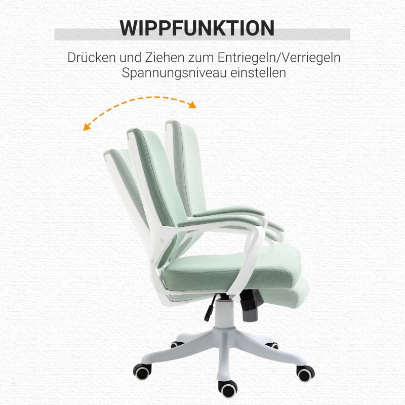 Vinsetto Bürostuhl Schreibtischstuhl Home-Office-Stuhl mit Wippenfunktion Rückenlehne höhenverstellbarer dick gepolstert ergonomisch 360°-Drehräder Polyester Nylon PP Grün+Weiß 62x69x92-100 cm