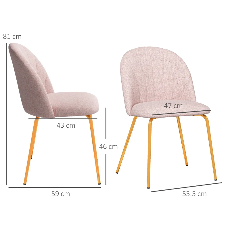 HOMCOM Set di 2 Sedie da Pranzo in Tessuto effetto Lino con Gambe in Acciaio, 55.5x59x81 cm, Rosa e Oro
