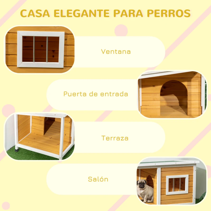 PawHut Caseta para Perros de Madera Casa para Mascotas Refugio para Perros con Techo Asfáltico 85,5x62x60 cm Natural