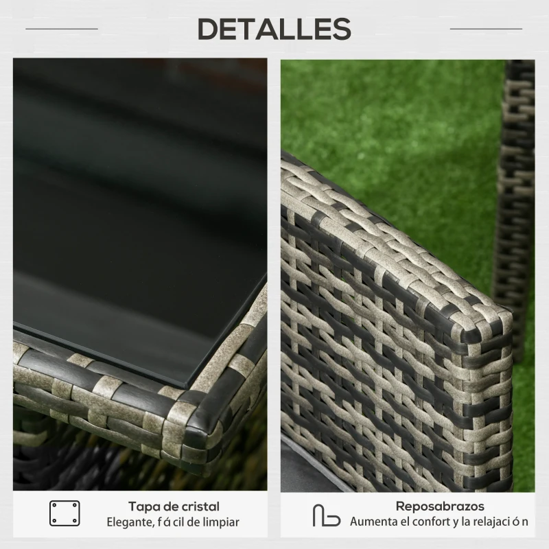 Outsunny Juego de 6 Piezas Muebles de Terraza con Sofá de 3 Plazas Sillones Cojines Taburetes y Mesa de Centro Gris