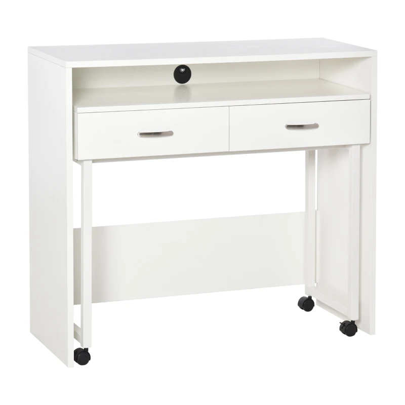 HOMCOM Tavolo Scrivania Salvaspazio per Camera e Ufficio, Scrivania con Cassetti e Ruote, Postazione di Lavoro Doppia o Singola, 100x36x88cm, Bianco