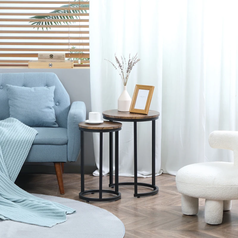 HOMCOM Round Nesting Tables Set of 2 Industrial Stackable Side Tables with Rustic Wood Grain Metal Frame for Living Room Brown