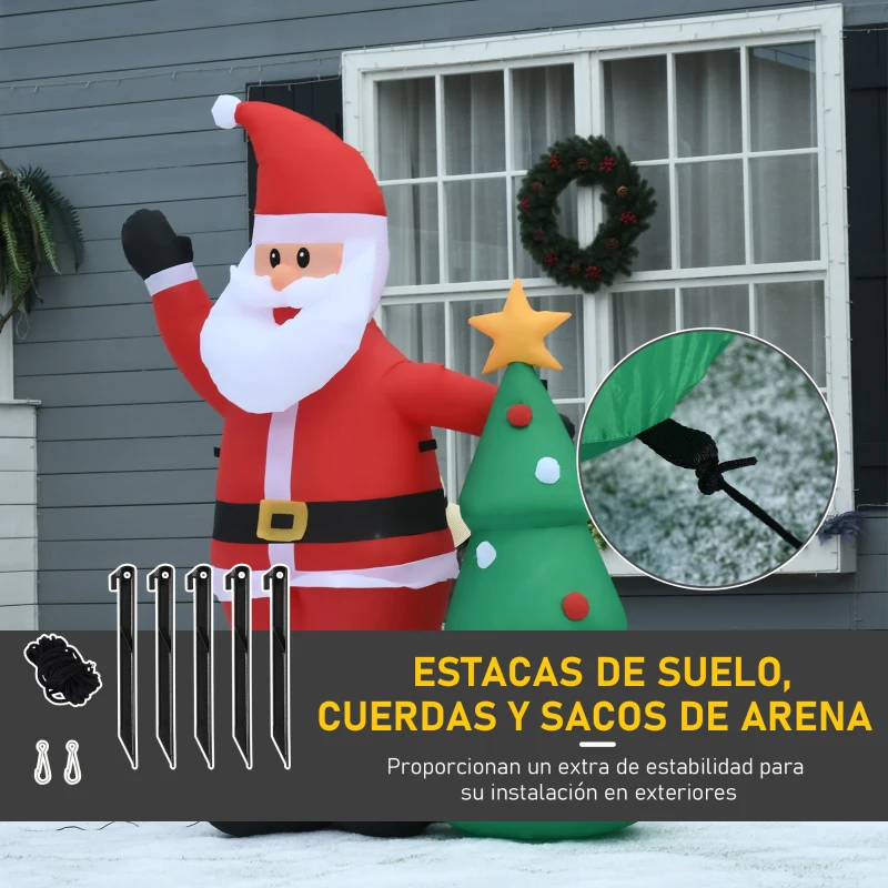 HOMCOM Papá Noel Inflable con Árbol de Navidad con 3 Luces LED e Inflador Eléctrico Decoración Navideña para Exteriores Interiores 124x62x150 cm Multicolor