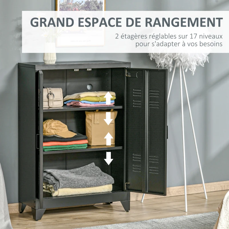 HOMCOM Armoire de Rangement métal Garde-robe Caisson de dossier Armoire Bureau sur pied Style Industriel - 2 étagères - Noir