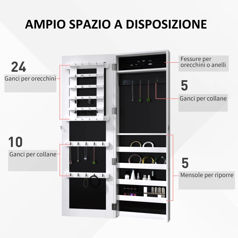 HOMCOM Specchio Portagioie da Parete con Ganci e Scompartimenti in Legno, Armadietto Portagioie con Specchio per Orecchini, Collane e Anelli, 37x9.5x112 cm, Bianco