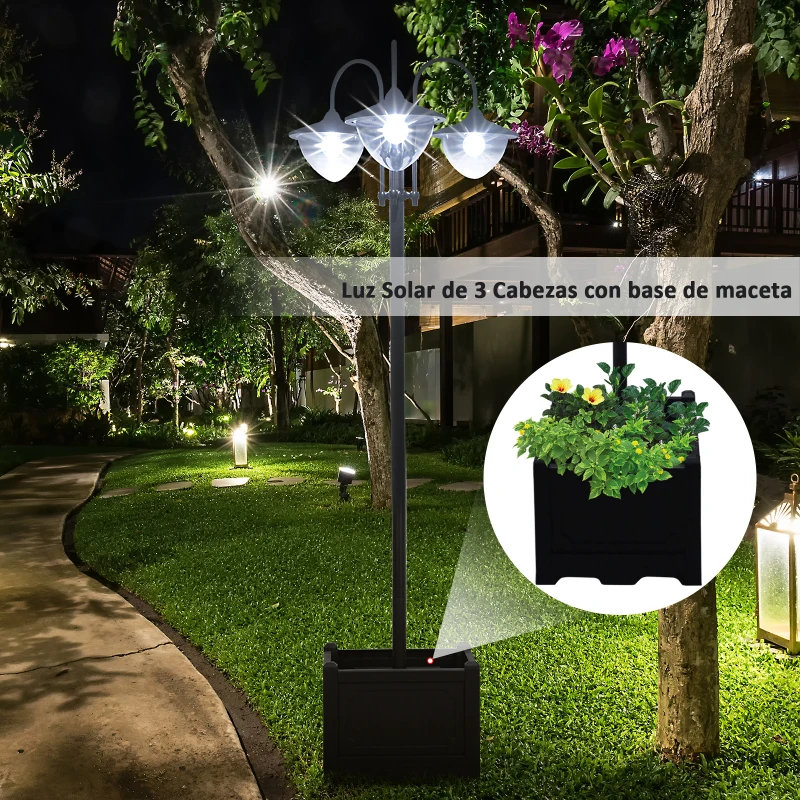 Outsunny Farol Solar de Jardín con 18 Luces LED Blanca Fría 6000K IP44 para Camino Terraza Patio 60x55x189 cm Negro