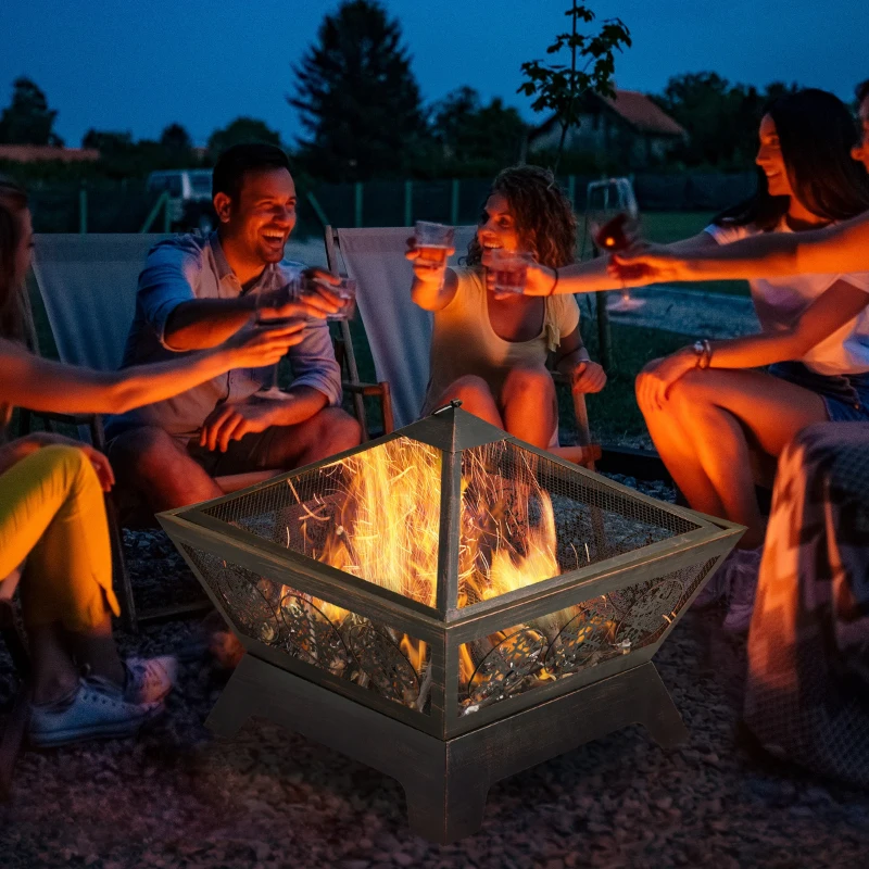 Outsunny Outdoor Fire Pit, Metal Square Firepit Bowl with Spark Screen, Poker for Patio, Camping, 61 x 61 x 52cm, Black