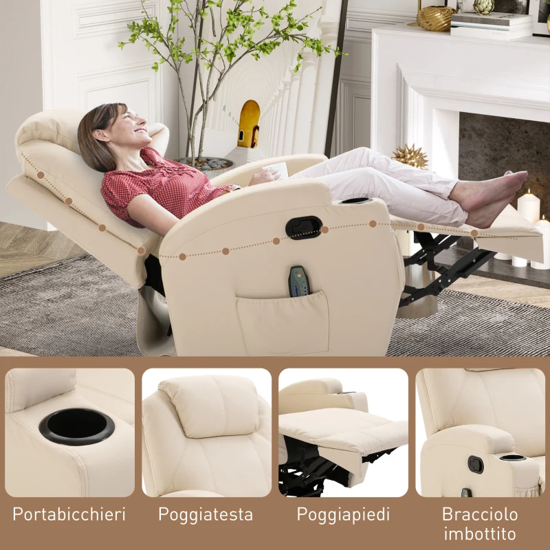 HOMCOM Poltrona Relax Elettrica Reclinabile Girevole con 2 Portabicchieri, Telecomando, Poggiapiedi e 4 Tasche Laterali, in Pelle PU, Legno e Acciaio, Crema