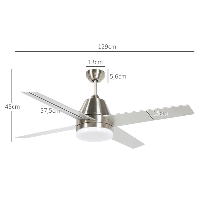 HOMCOM Ventilador de Techo con Luz 46W Ø129 cm Motor DC con 4 Aspas Reversibles Mando a Distancia y Temporizador Plata