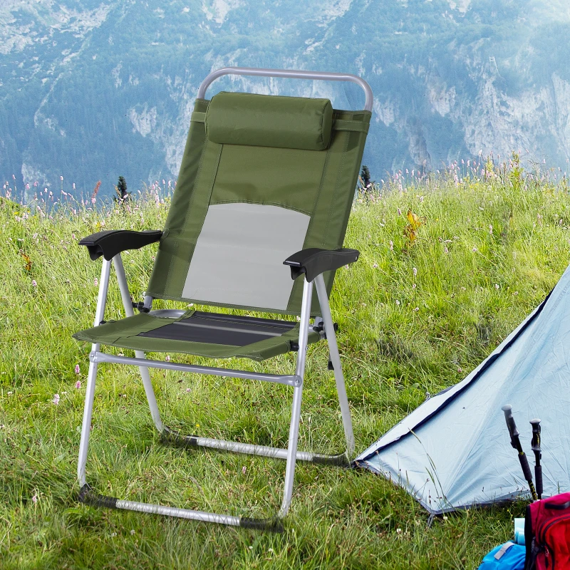 Outsunny Folding Camping Chair, Patio Armchair, 3-Position Adjustable Recliner Reclining Seat with Pillow for Outdoor Garden - Green