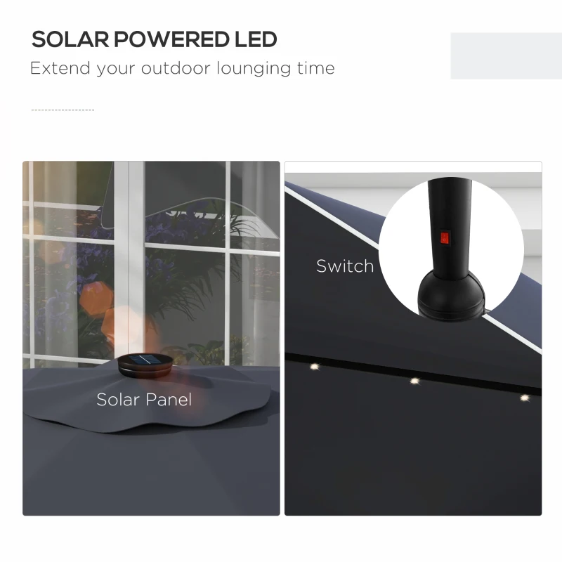 Outsunny Solar Patio Umbrella with LED and Tilt, Outdoor Market Table Umbrella Parasol with Crank, 3 x 3 (m), Dark Grey
