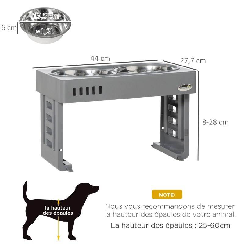 PawHut Gamelles Surélevées Porte-gamelles double, 2 bols amovibles pour chien, 3 Hauteurs Ajustables 8/19/28 cm, gris
