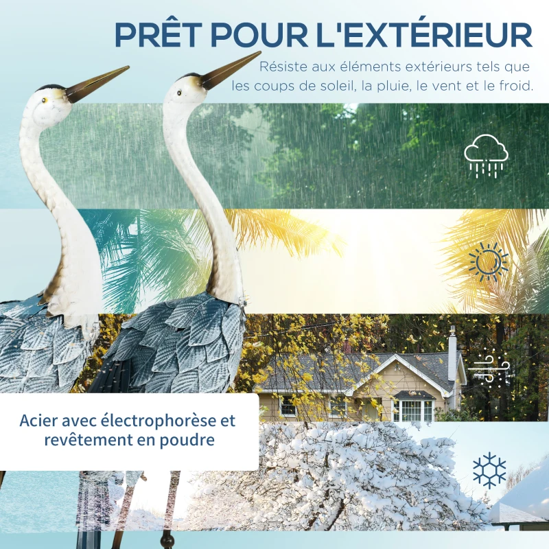 Outsunny Lot de 2 statues de jardin sculpture de la grue décoration d'oiseau extérieure acier pour terrasse balcon cour pelouse