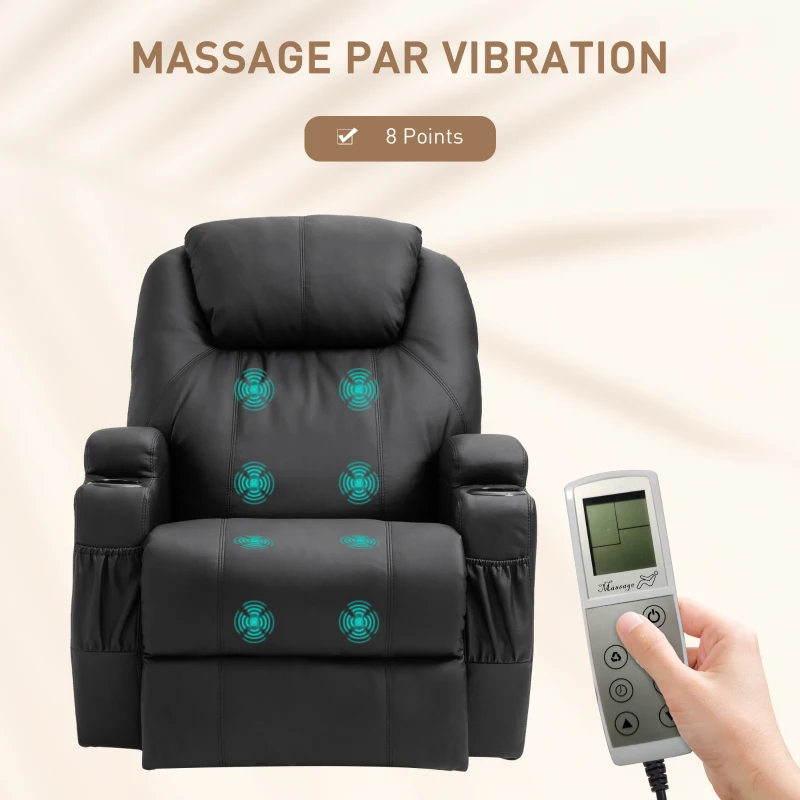 HOMCOM Fauteuil de Massage Inclinable, Chaise de Relaxation avec dossier et repose-pied électrique réglables revêtement synthétique pour Salon, Chambre, Cinéma Maison Noir