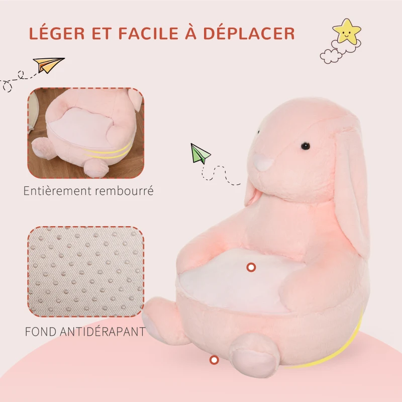 HOMCOM Fauteuil Enfant Lapin dim. 60L x 50l x 59H cm garnissage Moelleux Coton revêtement Peluche Douce Courte Rose
