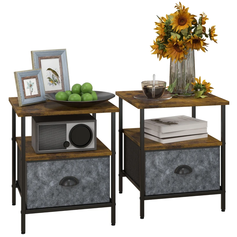 HOMCOM Set of 2 Bedside Table, Nightstand with Non-Woven Fabric Drawer, Side Table, End Table for Living room, Bedroom, Rustic Brown