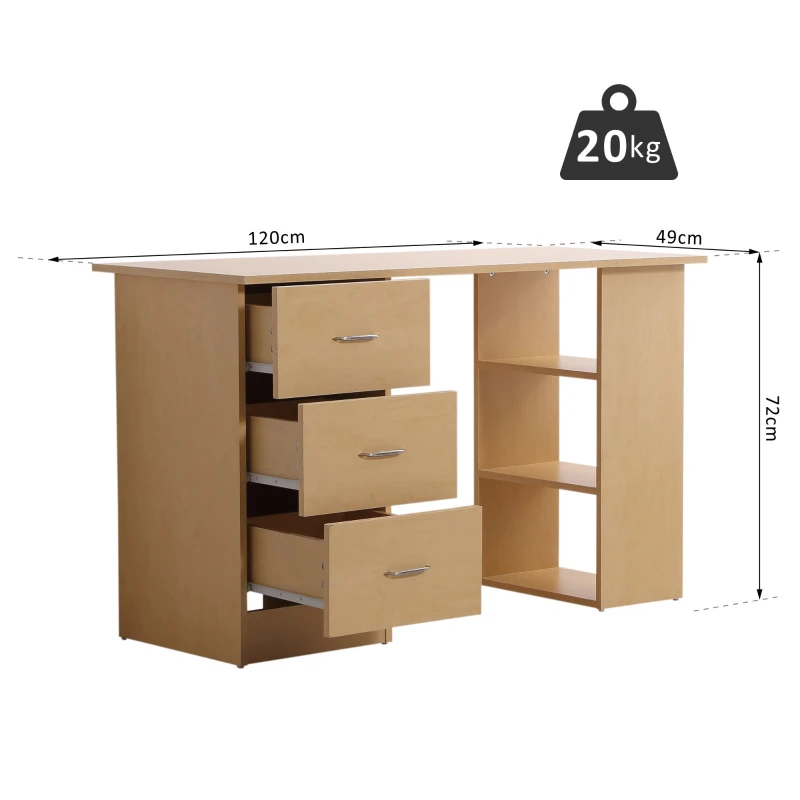 HOMCOM Scrivania Porta PC con 3 Cassetti e 3 Ripiani, Scrivania per Camera e Ufficio 120x49x72cm Legno Naturale