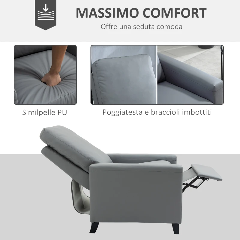 HOMCOM Poltrona Relax Imbottita e Reclinabile Manualmente, in Similpelle, 70.5x86x99cm - Grigio