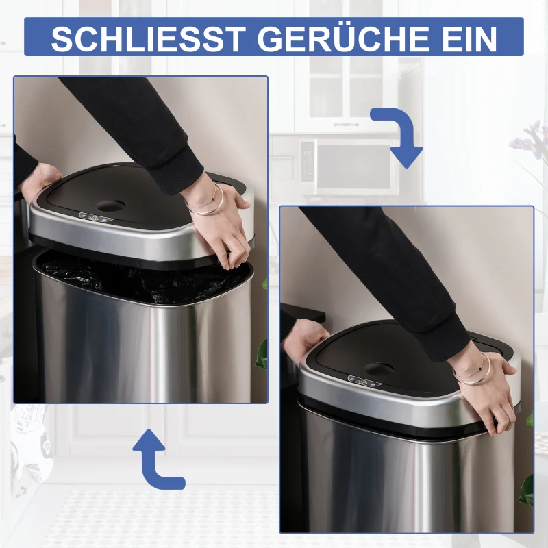 HOMCOM Mülleimer mit Sensor 58L Automatik Abfalleimer mit Bewegungssensor, Wasserdichter Abfallbehälter aus Edelstahl für Küche, Büro, Schlafzimmer Silber