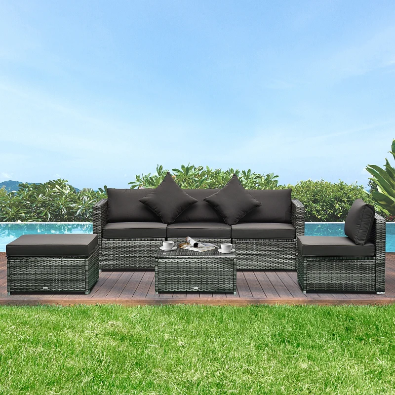 Outsunny 6 Pieces Rattan Garden Furniture Set, 5 Seater Sectional Garden Corner Sofa Set with Glass Top Coffee Table, Cushions and Pillows, All-Weather Wicker Conversation Furniture, Grey
