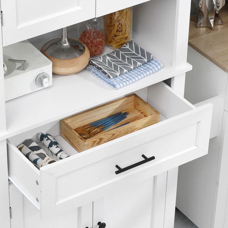 HOMCOM Alacena de Cocina con 4 Puertas 1 Cajón y Estante Abierto Mueble Auxiliar para Microondas 74x39,5x183 cm Blanco