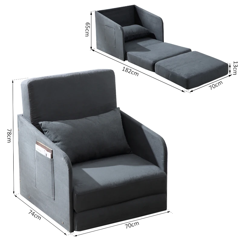HOMCOM Sofá Cama Individual con Apoyabrazos para Salón Estudio Dormitorio Bolsillos en 2 Lados con 1 Almohada Carga 150kg 70x74×78cm Gris