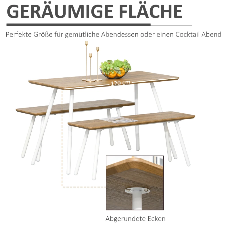 HOMCOM Essgruppe mit 2 Bänken Esstisch Skandinavischer Stil Esszimmergarnitur Sitzgruppe Tischgruppe MDF Metall Natur+Weiß120x50x75cm (Tisch) 110x35x45cm (Bank)
