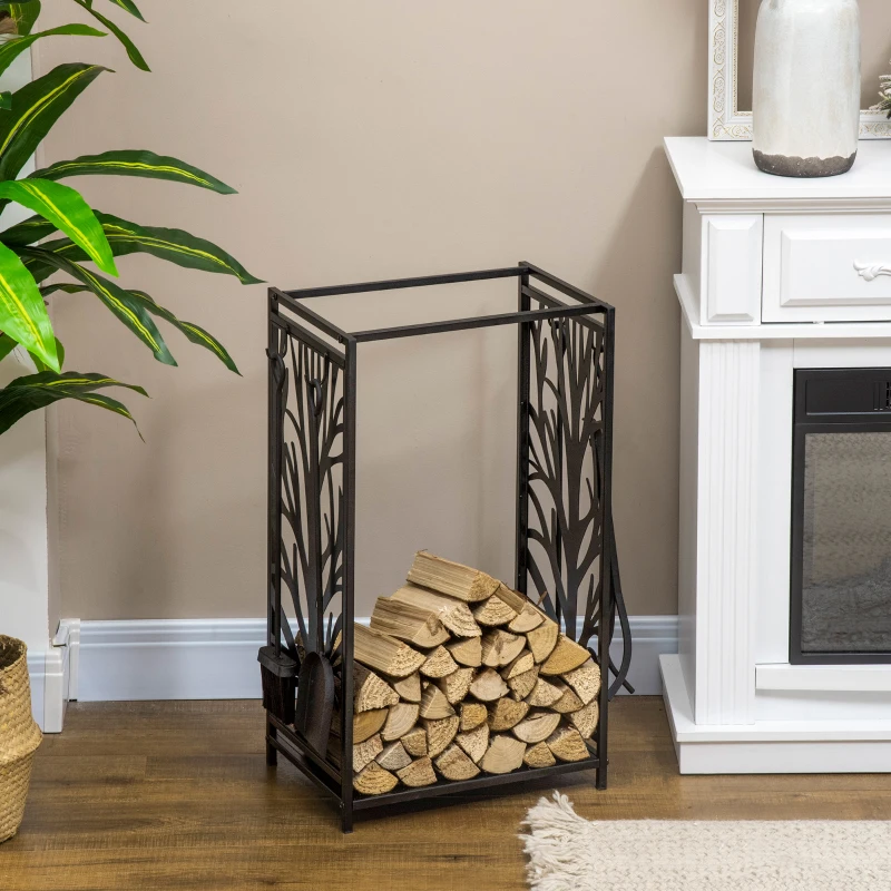HOMCOM Estante para Leña Estantería de Almacenamiento para Chimenea 46x30x70 cm Soporte para Leña con 4 Herramientas Negro