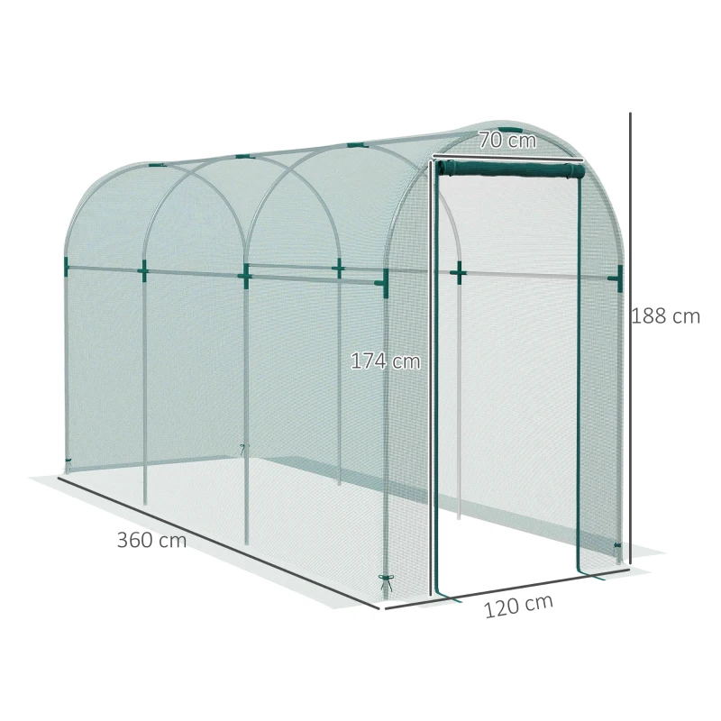 Outsunny 360 x 120cm Galvanised Steel Fruit Cage, Plant Protection Tent with Zipped Door, Green